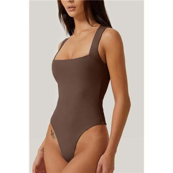 Womens Sexy Square Neck Bodysuit Coffee - Picture 3 of 5
